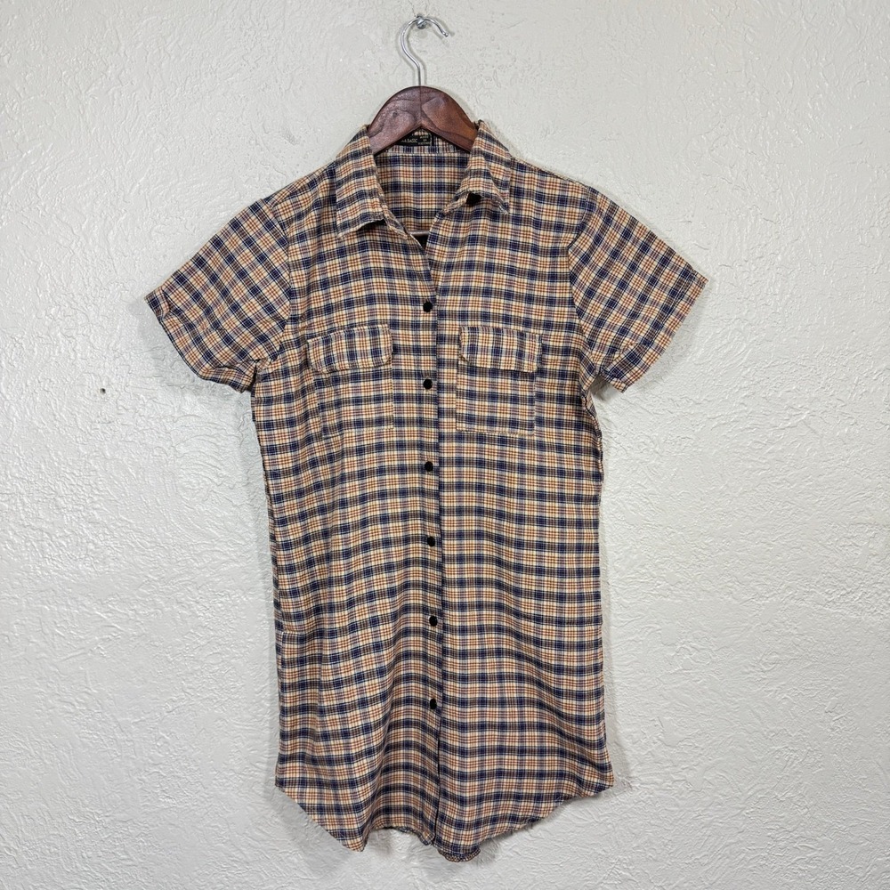 True Vintage Zara Shirt Dress XS Plaid 60s 70s Button Brown Tan Navy Academia